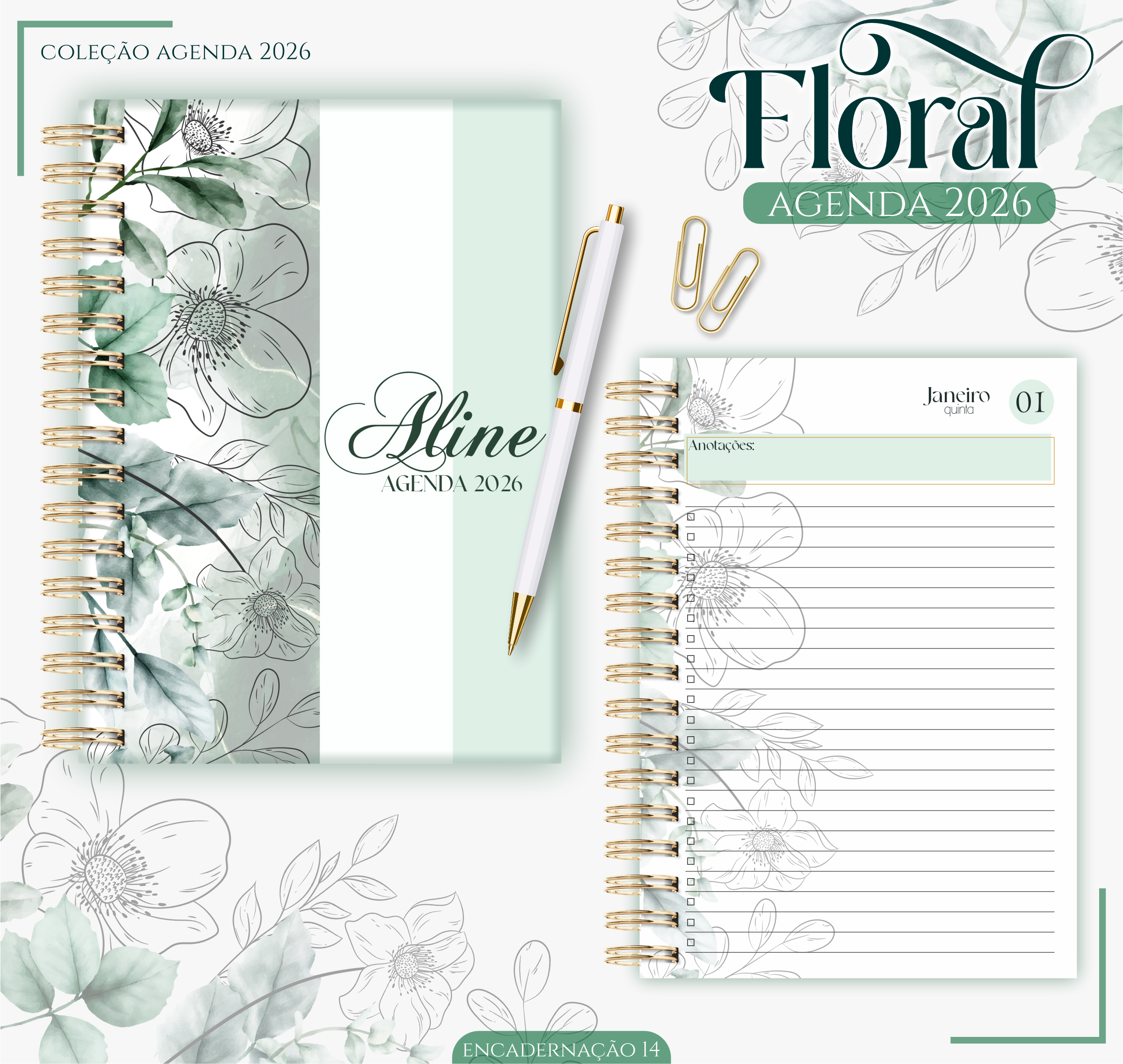 Kit Papelaria Fina de Luxo - Agenda/Planner e Bloco Personalizado com Nome (Inclui Caixa Rígida)