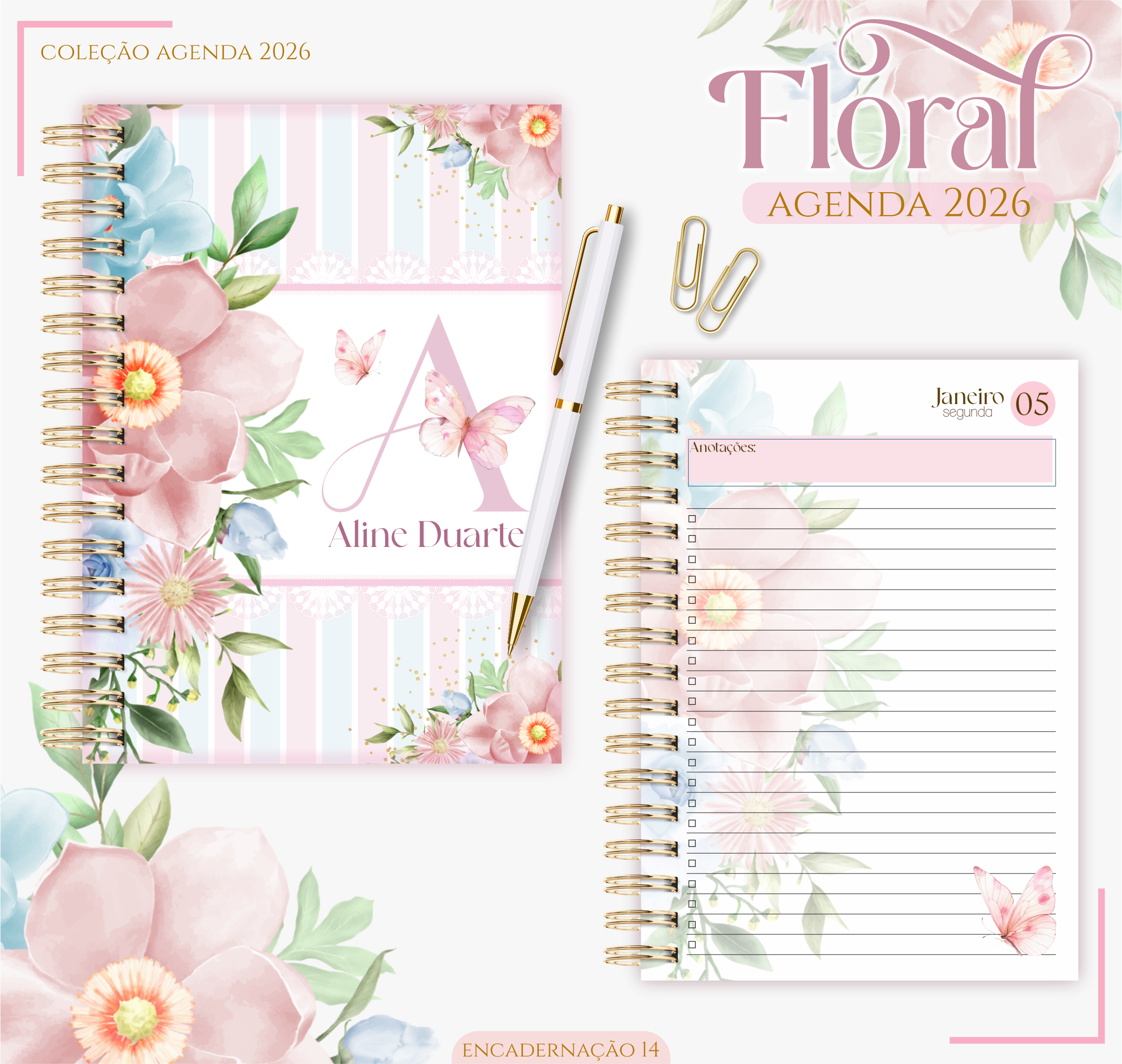 Kit Papelaria Fina de Luxo - Agenda/Planner e Bloco Personalizado com Nome (Inclui Caixa Rígida)