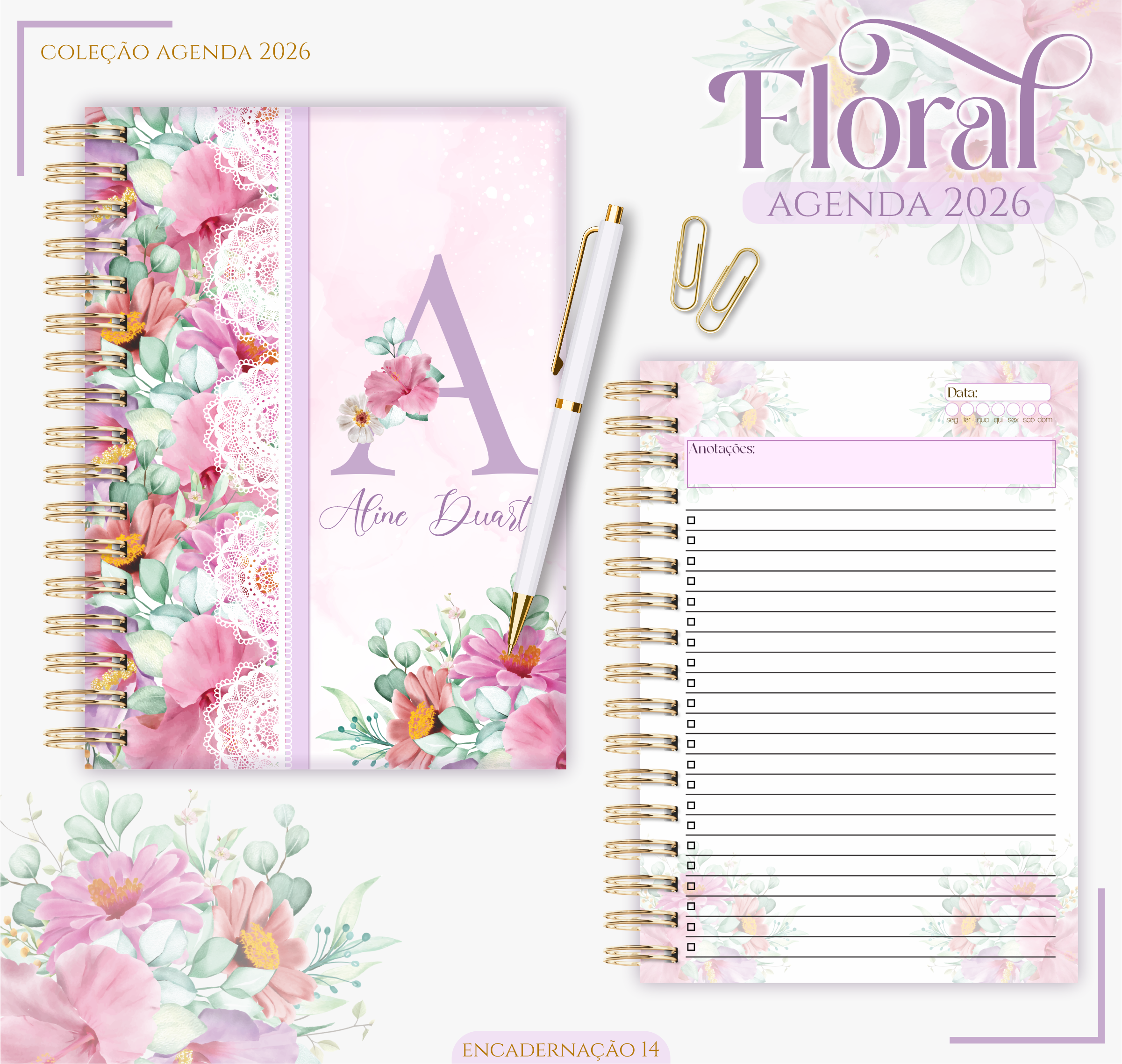 Kit Papelaria Fina de Luxo - Agenda/Planner e Bloco Personalizado com Nome (Inclui Caixa Rígida)