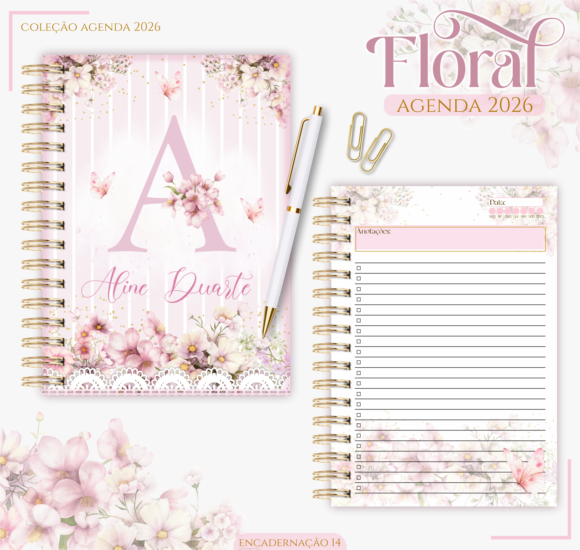 Kit Papelaria Fina de Luxo - Agenda/Planner e Bloco Personalizado com Nome (Inclui Caixa Rígida)