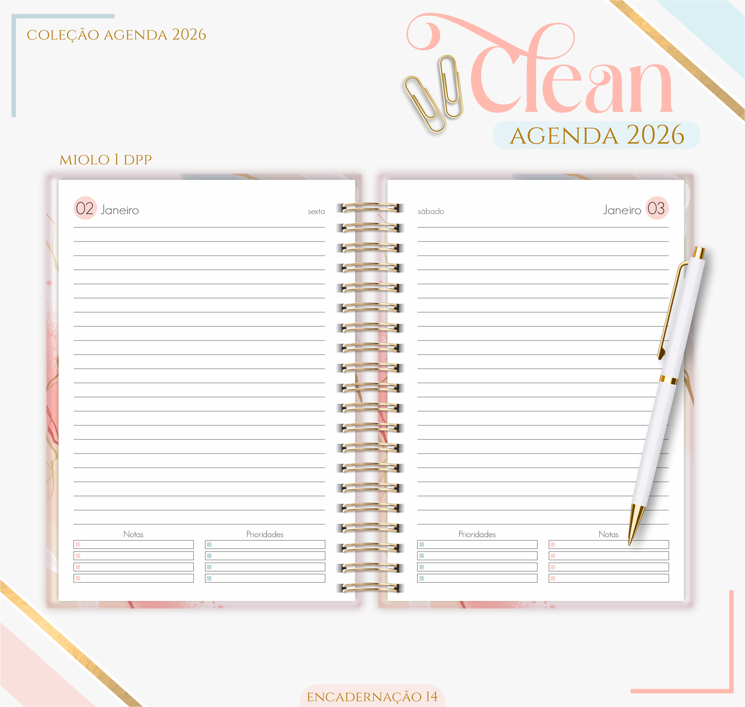 Agenda 2026 Personalizada "Coleção Clean" + Brinde Marcador (Opção de Kits com Caneca)
