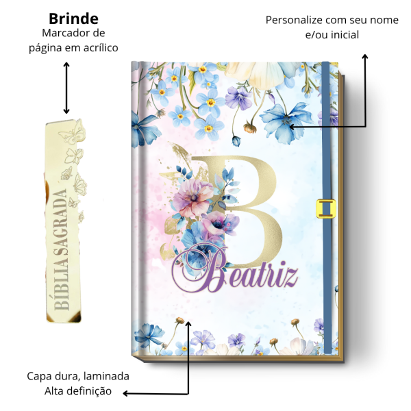 Bíblia Sagrada Letra Grande (NVI ou Católica) Personalizada | Monograma Floral Aquarela + Brinde | PERFUMADA