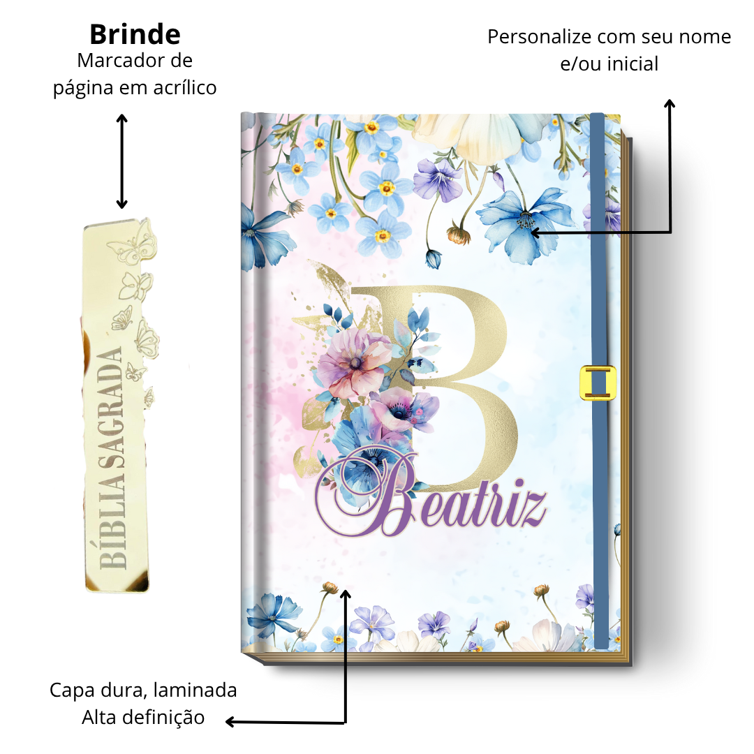 Bíblia Sagrada Letra Grande (NVI ou Católica) Personalizada | Monograma Floral Aquarela + Brinde | PERFUMADA