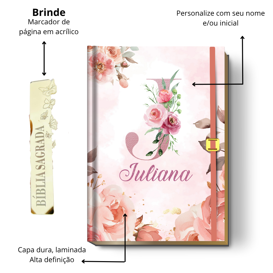 Bíblia Sagrada Letra Grande (NVI ou Católica) Personalizada | Monograma Floral Rosa + Brinde | PERFUMADA