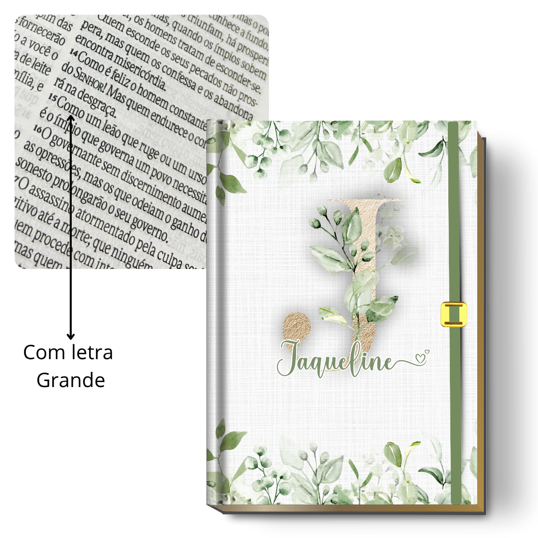 Bíblia Sagrada Letra Grande (NVI ou Católica) Personalizada | Monograma Verde (Greenery) + Brinde | PERFUMADA