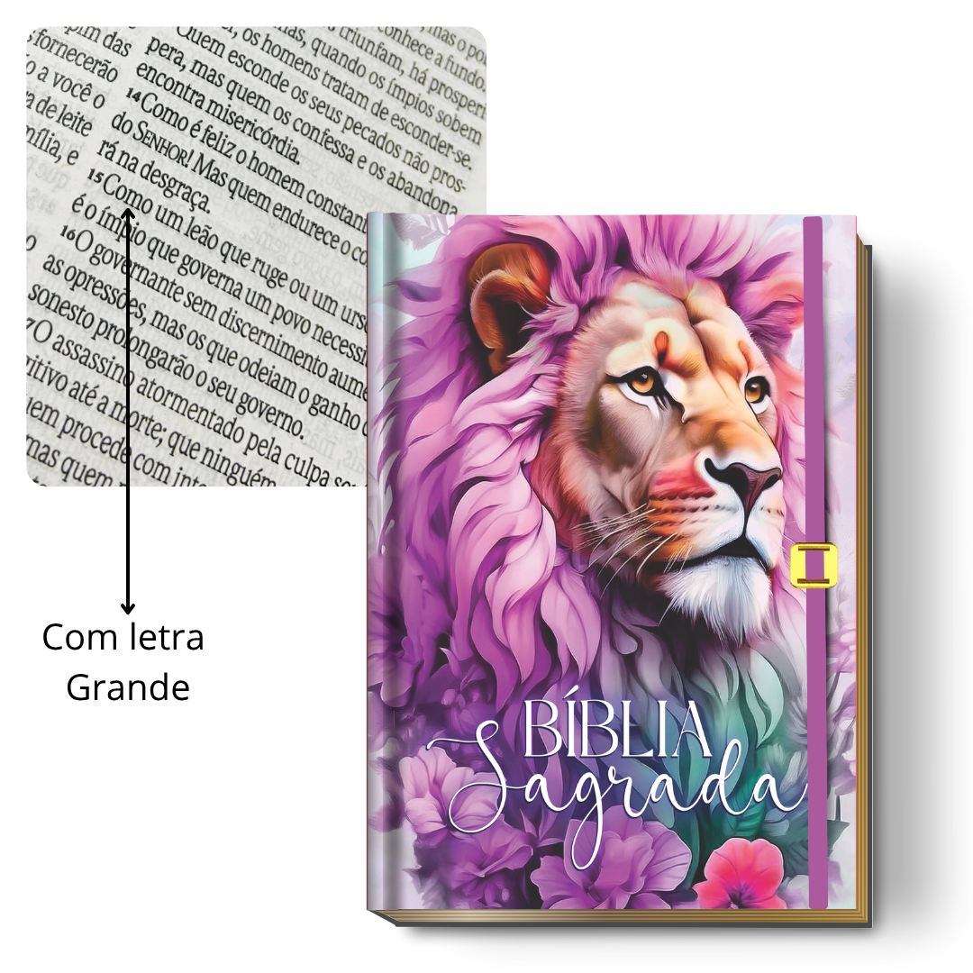 Bíblia Sagrada Letra Grande (NVI ou Católica) Personalizada | Capa "Leão Lilás" + Brinde | PERFUMADA