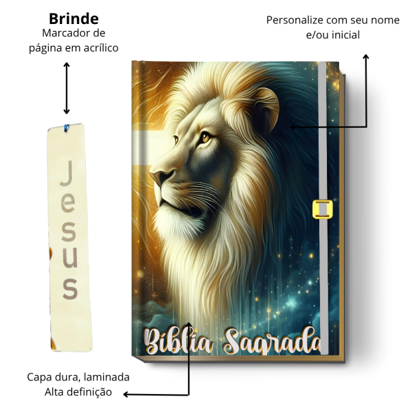 Bíblia Sagrada Letra Grande (NVI ou Católica) Personalizada | Capa Leão Celestial + Brinde | PERFUMADA