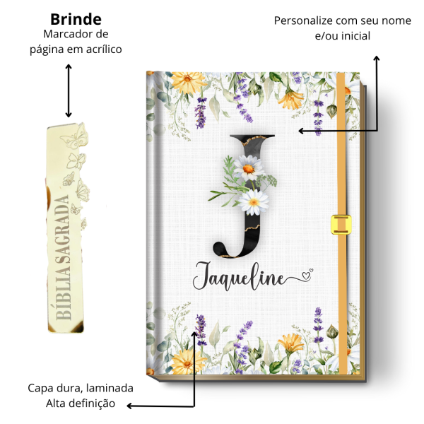 Bíblia Sagrada Letra Grande (NVI ou Católica) Personalizada | Monograma Margaridas e Lavanda + Brinde | PERFUMADA