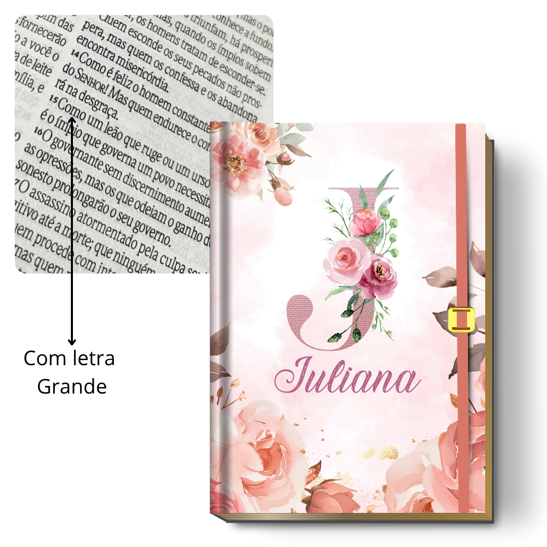 Bíblia Sagrada Letra Grande (NVI ou Católica) Personalizada | Monograma Floral Rosa + Brinde | PERFUMADA