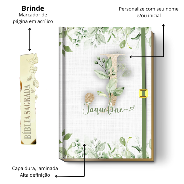 Bíblia Sagrada Letra Grande (NVI ou Católica) Personalizada | Monograma Verde (Greenery) + Brinde | PERFUMADA