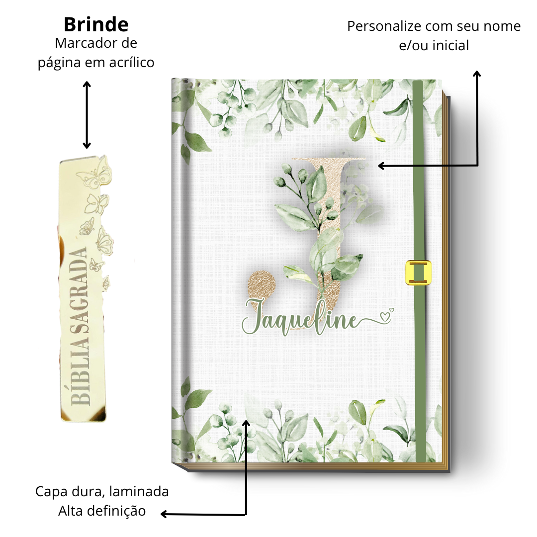 Bíblia Sagrada Letra Grande (NVI ou Católica) Personalizada | Monograma Verde (Greenery) + Brinde | PERFUMADA