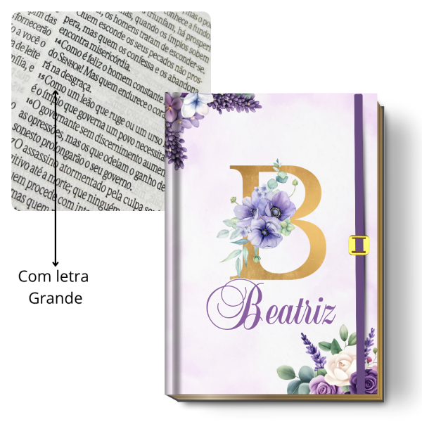 Bíblia Sagrada Letra Grande (NVI ou Católica) Personalizada | Monograma Floral Lilás + Brinde | PERFUMADA