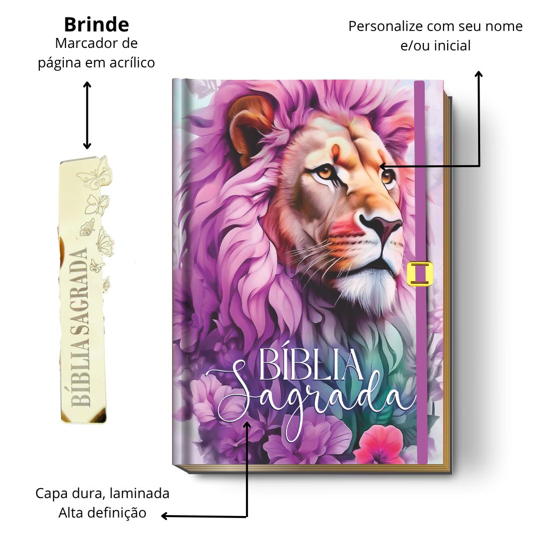 Bíblia Sagrada Letra Grande (NVI ou Católica) Personalizada | Capa "Leão Lilás" + Brinde | PERFUMADA
