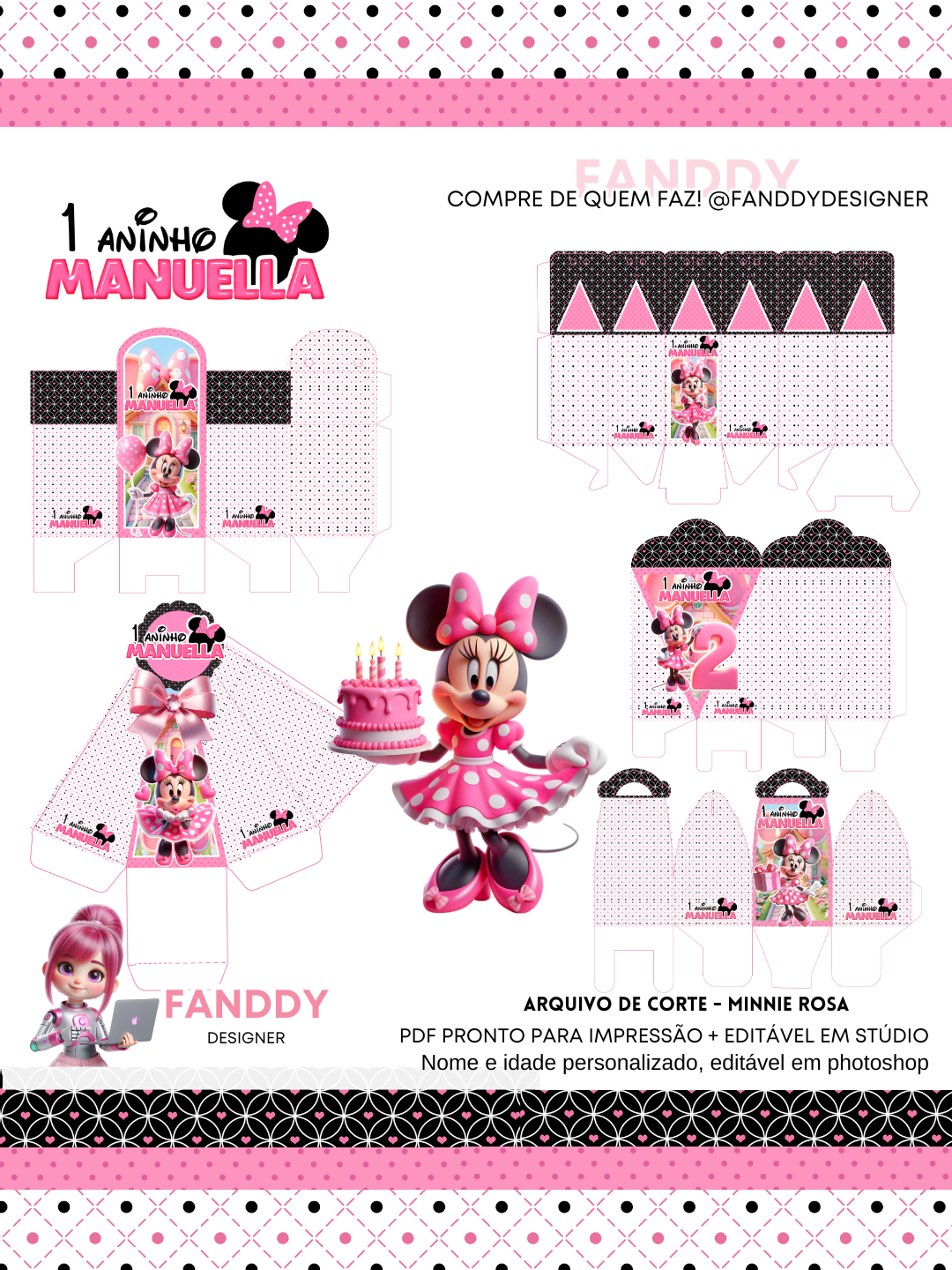 Kit festa Personalizada Minne Rosa - Pegue e Monte - já vai montado é só encaixar o fundo)