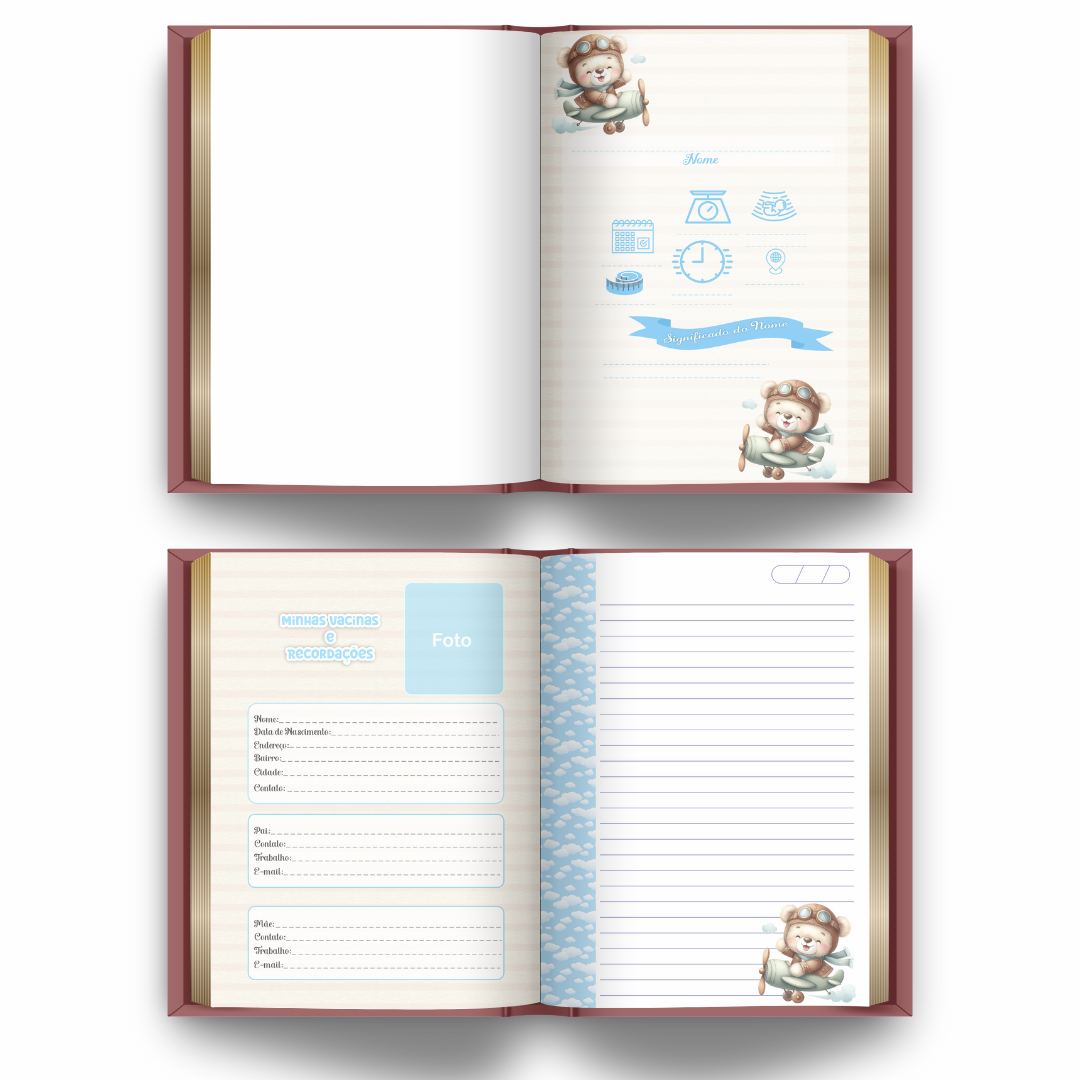 Caderneta de Vacinação Brochura (Tipo Livro) | Tema Ursinho Aviador
