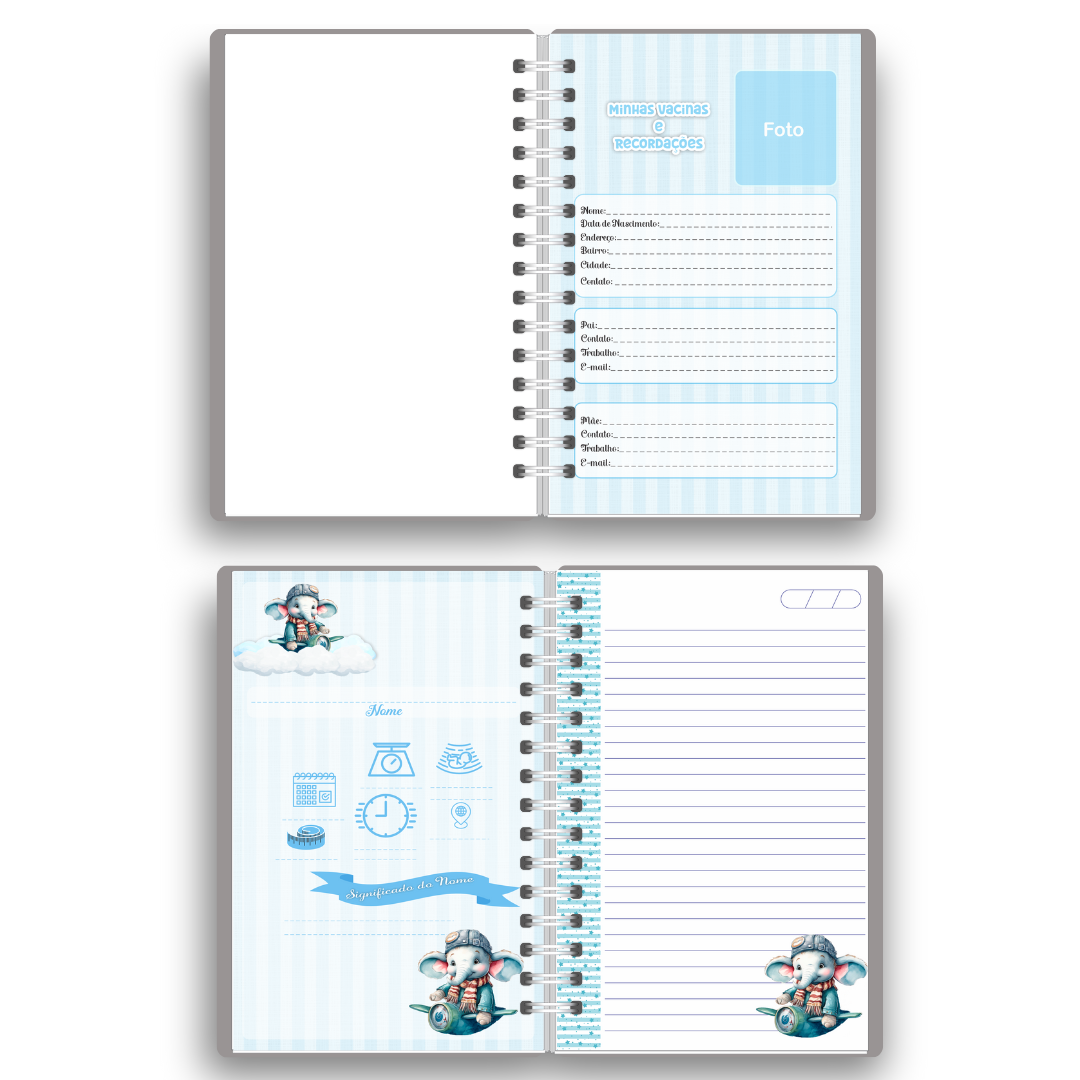 Caderneta de Vacinação Personalizada | Tema Elefantinho Aviador (Encadernação Wire-o)