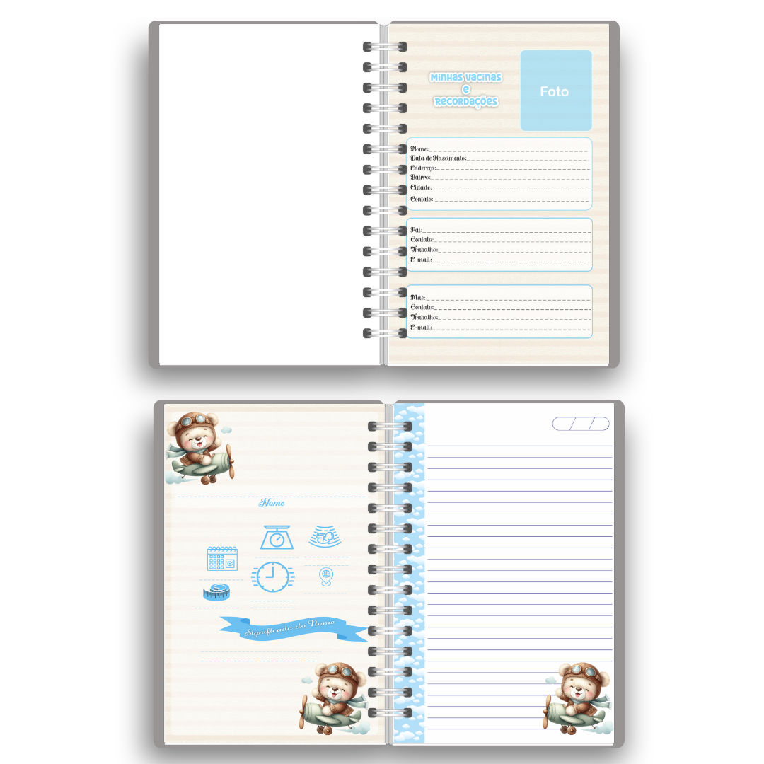 Caderneta de Vacinação Personalizada | Tema Ursinho Aviador (Encadernação Wire-o)